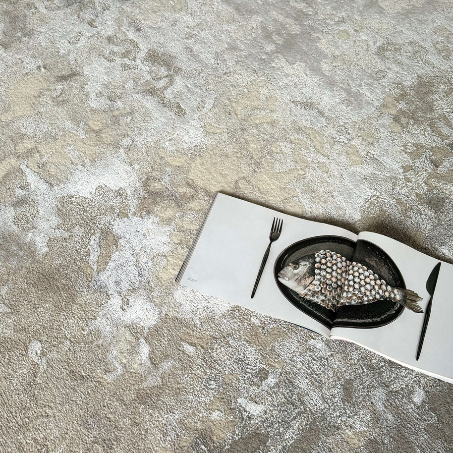 M I S T F A L L luxury handmade rug by Cherom in muted taupe and grey, New Zealand wool, contemporary design.