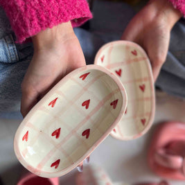 Trinket tray for small items, ceramic with red hearts and pink checks. 