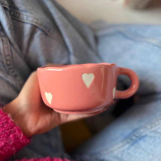Chunky pink soup mug, cappucino mug with matte white hearts. 