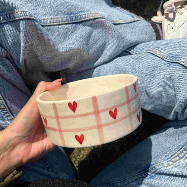 Person holding a ceramic bowl with heart patterns, sitting on grass. checkered pink with red hearts