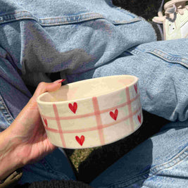 Person holding a ceramic bowl with heart patterns, sitting on grass. checkered pink with red hearts