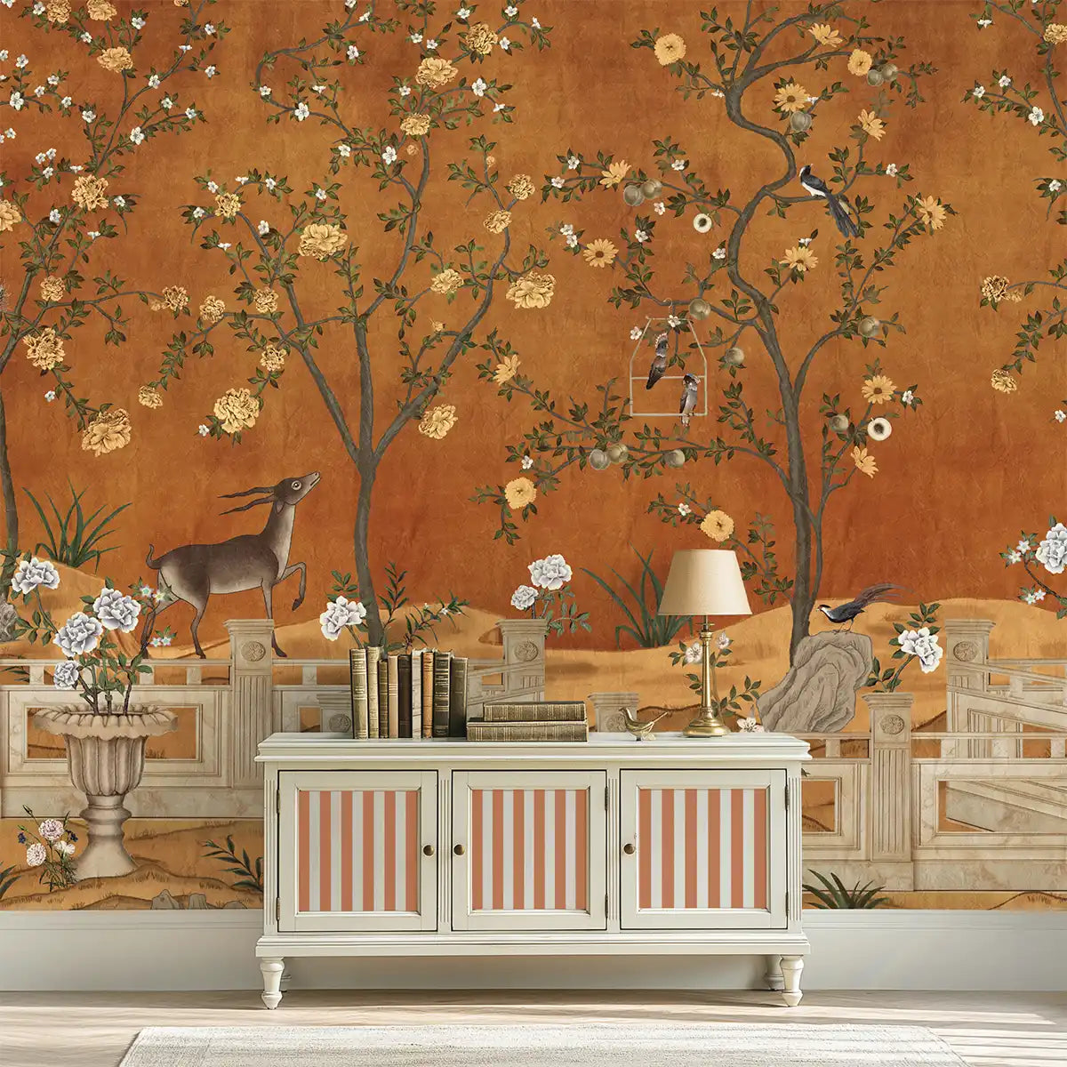 Jade Blossom Chinoiserie Wallpaper, Orange