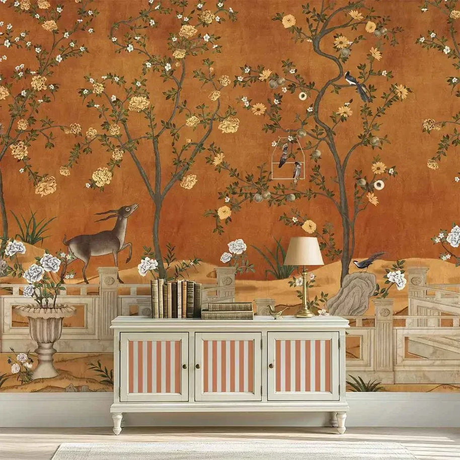 Jade Blossom Chinoiserie Wallpaper, Orange