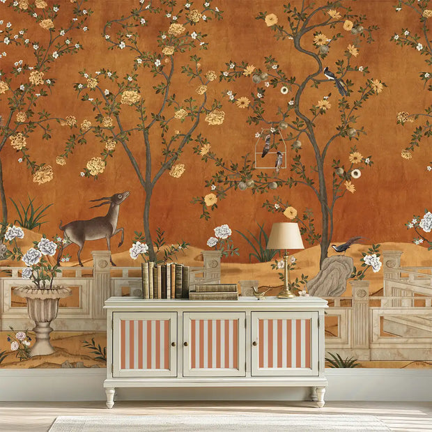 Jade Blossom Chinoiserie Wallpaper, Orange