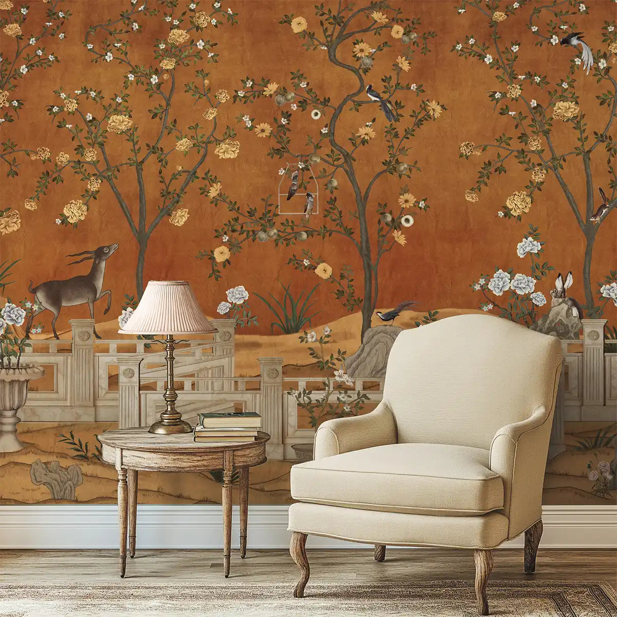 Jade Blossom Chinoiserie Wallpaper, Orange