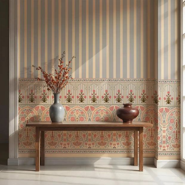 Kusum: Indian Floral Jharokha and Stripes Design Wallpaper