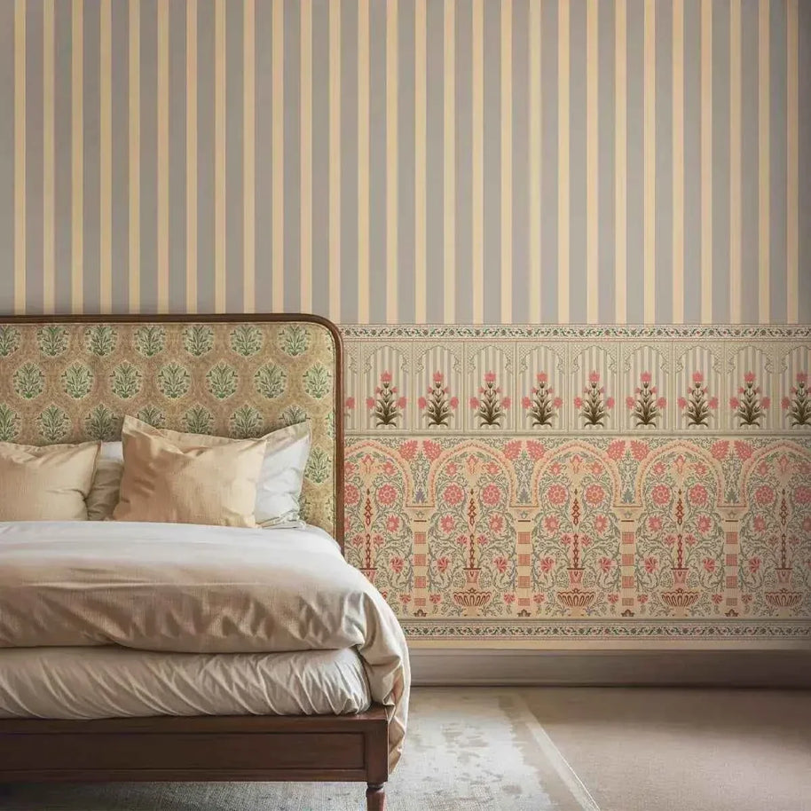 Kusum: Indian Floral Jharokha and Stripes Design Wallpaper