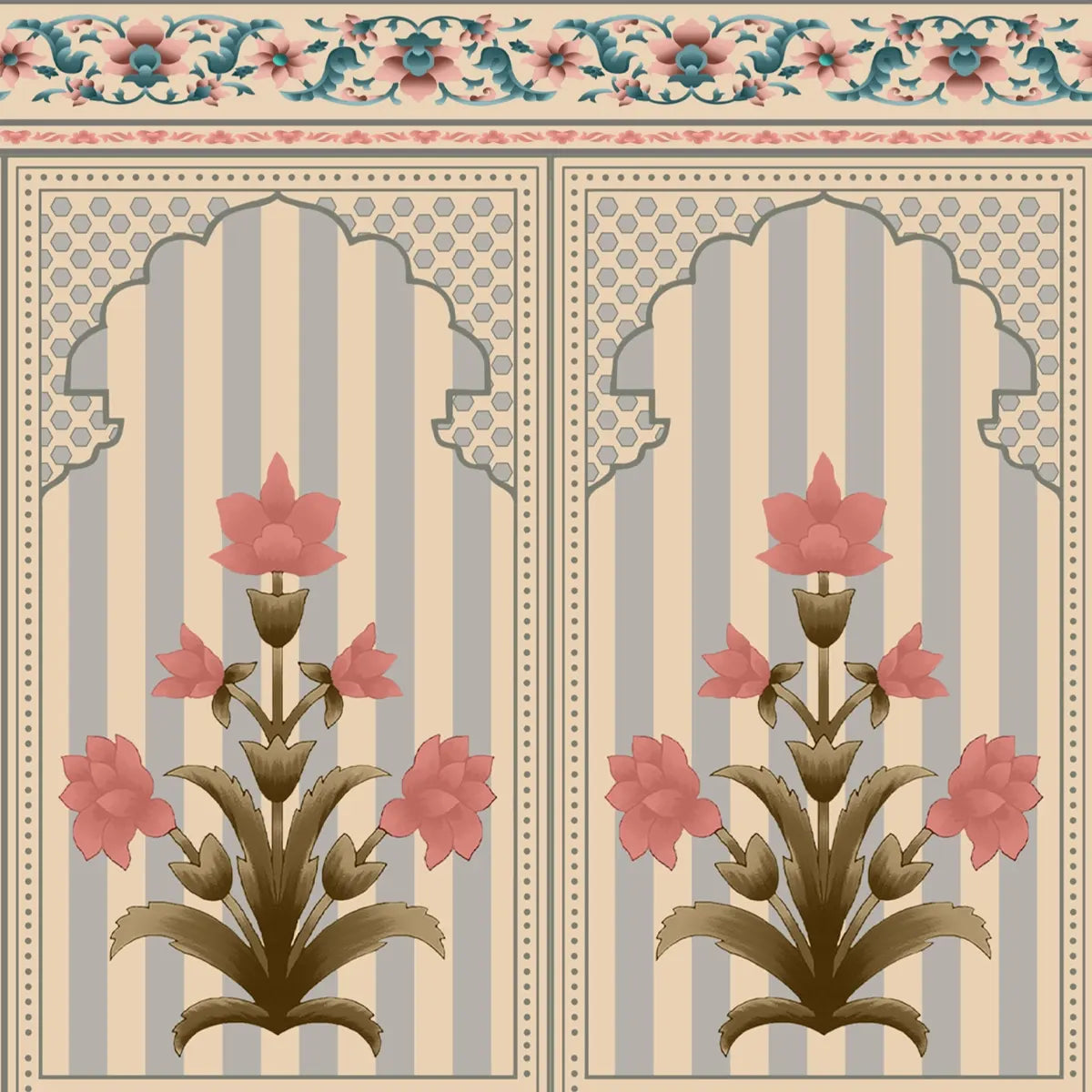 Kusum: Indian Floral Jharokha and Stripes Design Wallpaper
