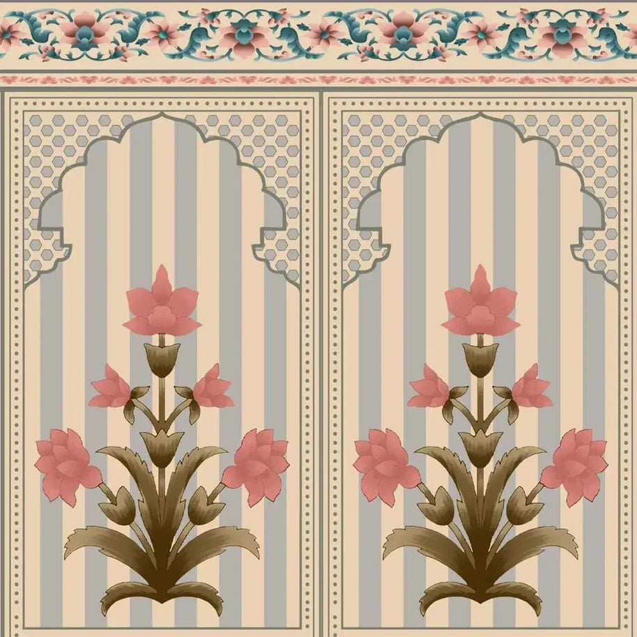 Kusum: Indian Floral Jharokha and Stripes Design Wallpaper