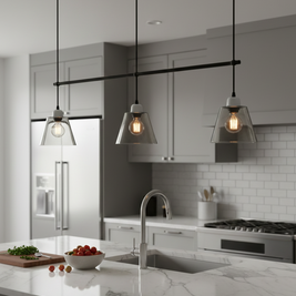 Modern kitchen with pendant lights, marble island, and stainless steel appliances.