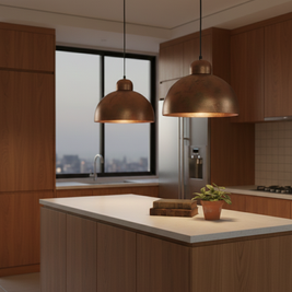 Modern kitchen with wooden cabinets, a island, and pendant lights.
