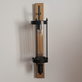 Modern wall-mounted light fixture with a metallic finish on a neutral background