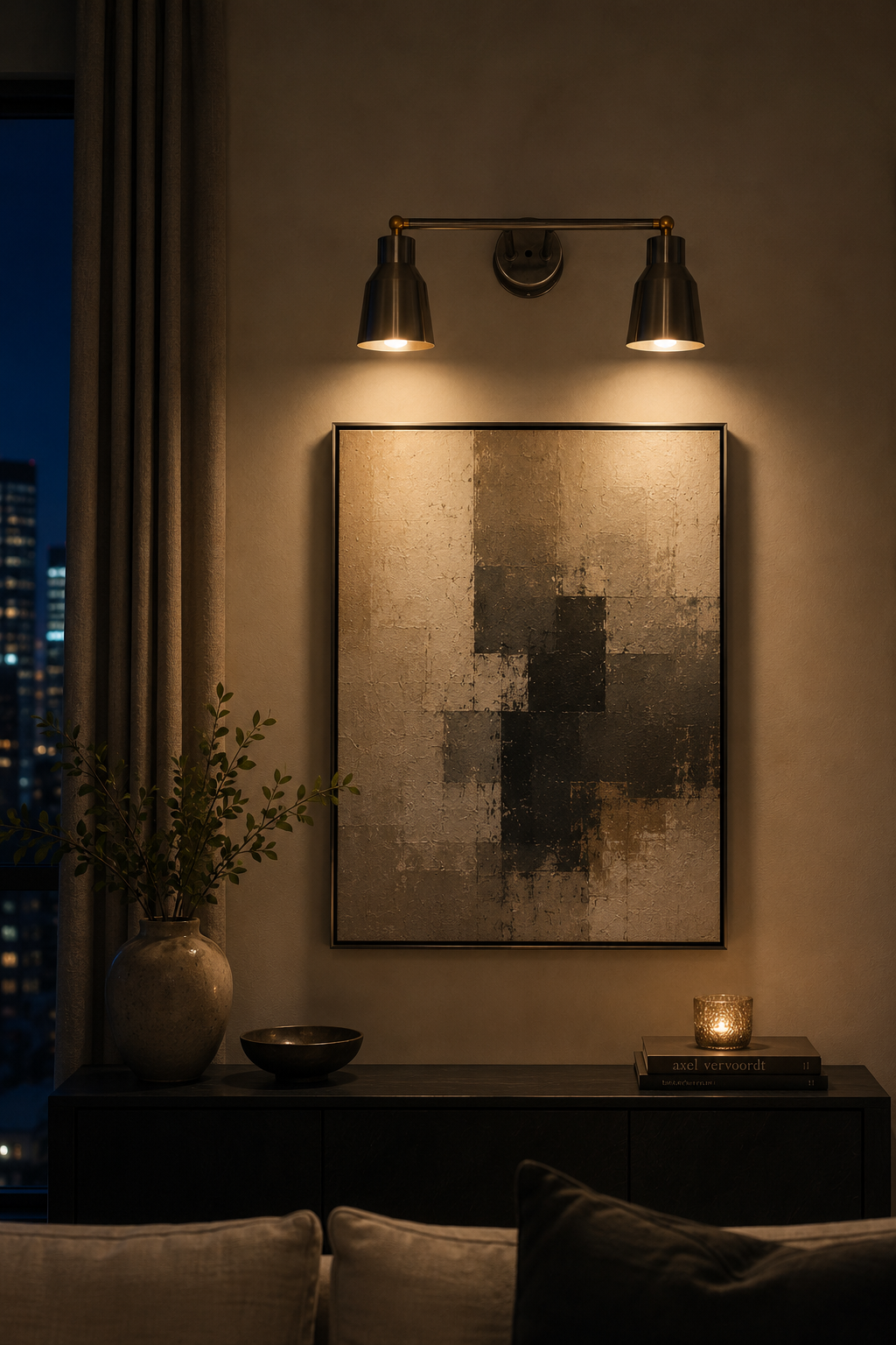 Modern wall sconce lighting fixture on a wall with a framed abstract painting below.