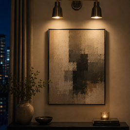 Modern wall sconce lighting fixture on a wall with a framed abstract painting below.