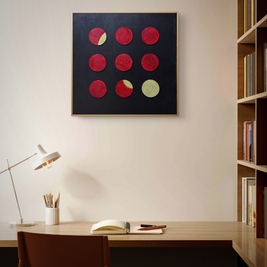 Modern wall art by Artscape by Riddhi Mehta with symbolic red and gold tones on a minimal black background.