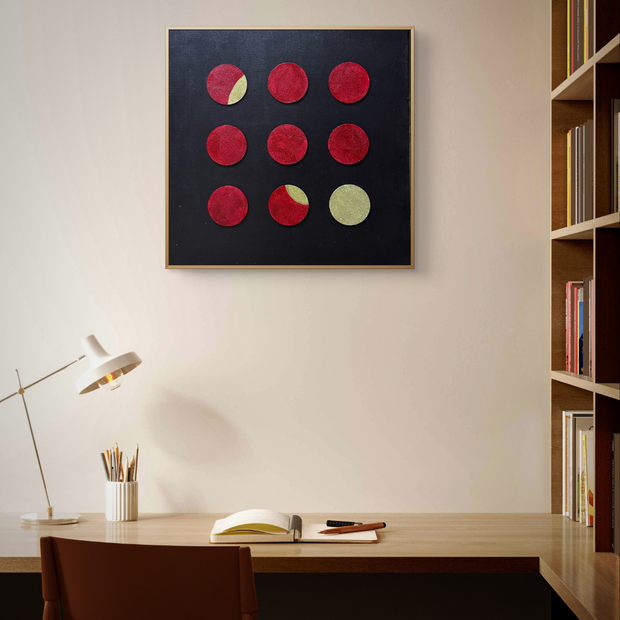 Modern wall art by Artscape by Riddhi Mehta with symbolic red and gold tones on a minimal black background.