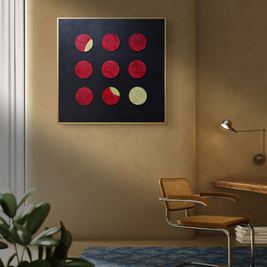 Textured abstract painting with deep red and gold circles, representing resilience and hidden brilliance in a modern grid format