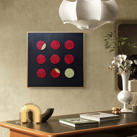 Textured abstract painting with deep red and gold circles, representing resilience and hidden brilliance in a modern grid format