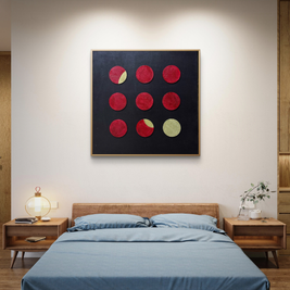 Contemporary red and gold circular art on black canvas, with one full gold and two partially gold circles in a 3x3 layout