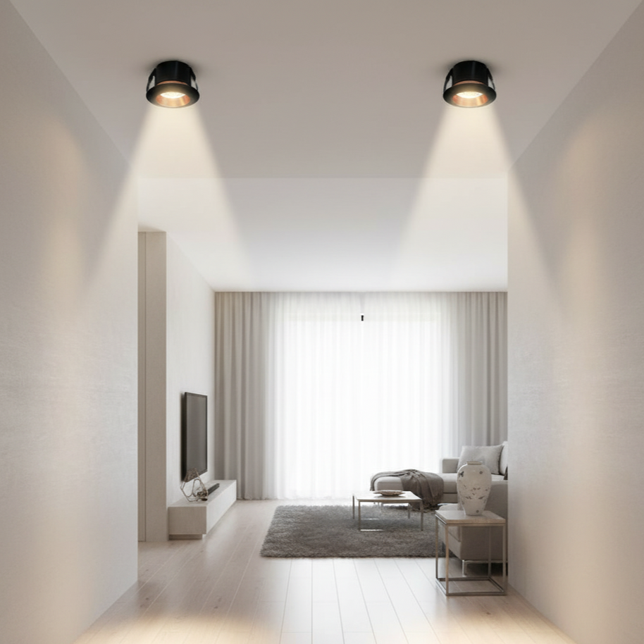 Modern living room with minimal decor and soft lighting