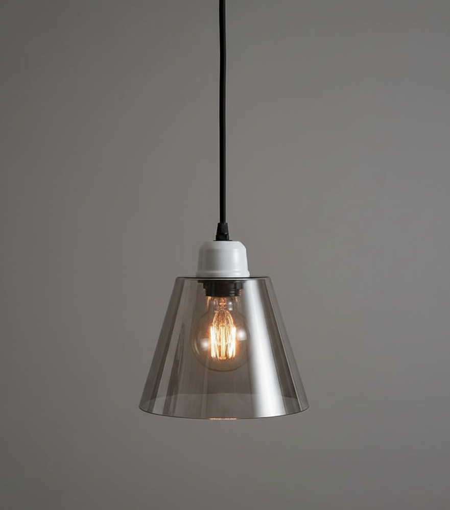 Pendant light with smoked glass shade and visible bulb on a gray background
