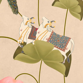 Pichwai Floral Cow Painting Inspired Beige Wallpaper for Walls