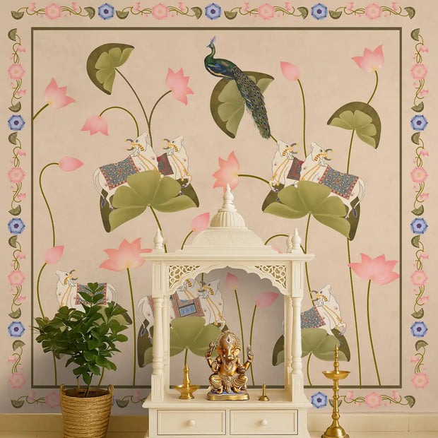 Pichwai Floral Cow Painting Inspired Beige Wallpaper for Walls