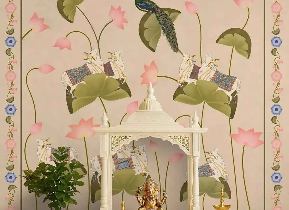 Pichwai Floral Cow Painting Inspired Beige Wallpaper for Walls