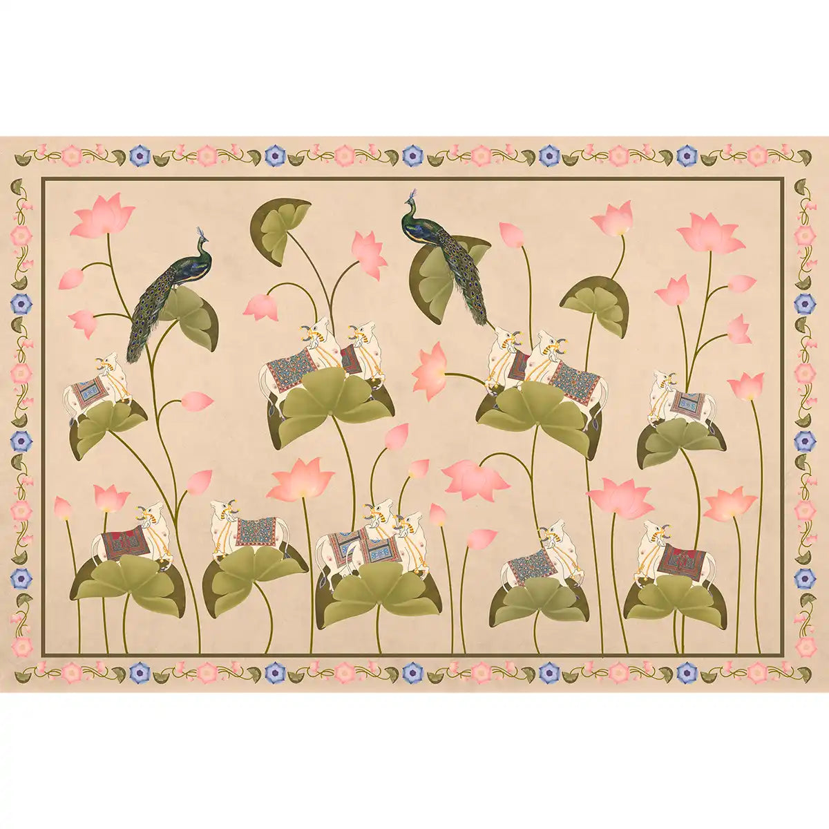 Pichwai Floral Cow Painting Inspired Beige Wallpaper for Walls