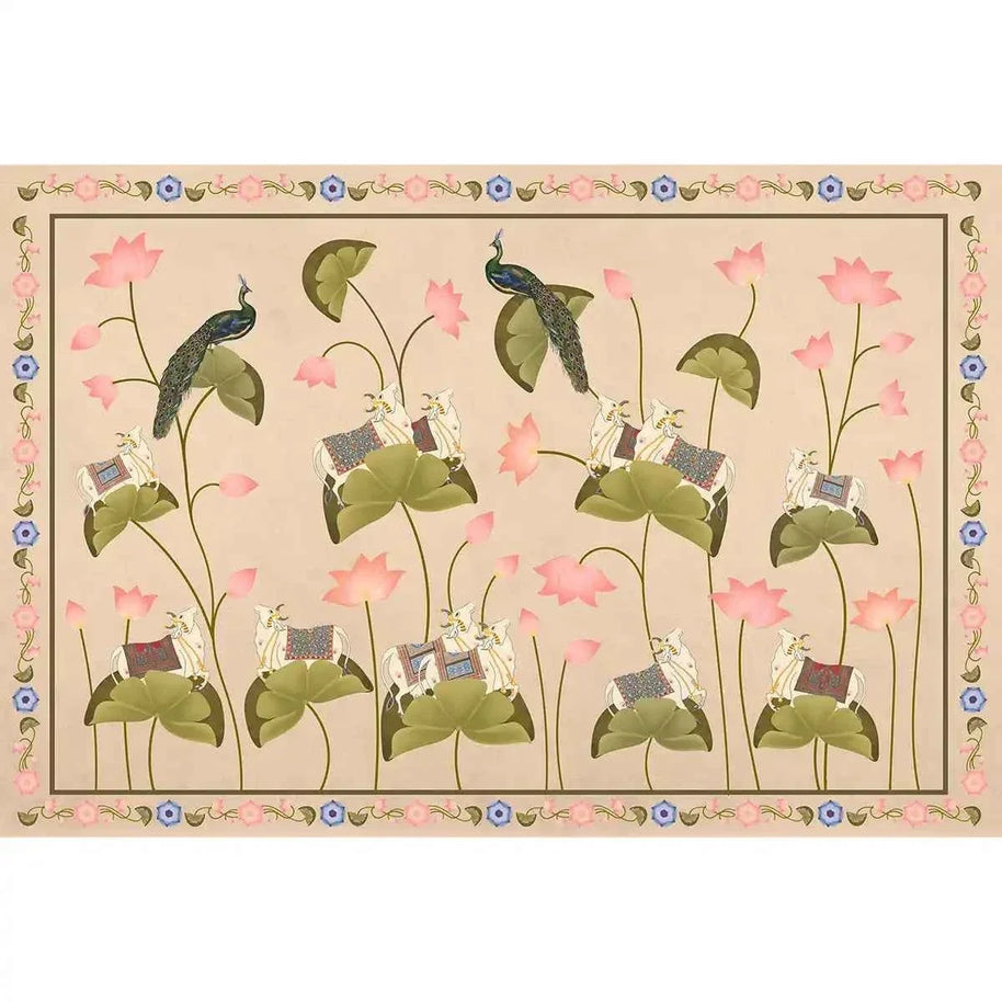 Pichwai Floral Cow Painting Inspired Beige Wallpaper for Walls
