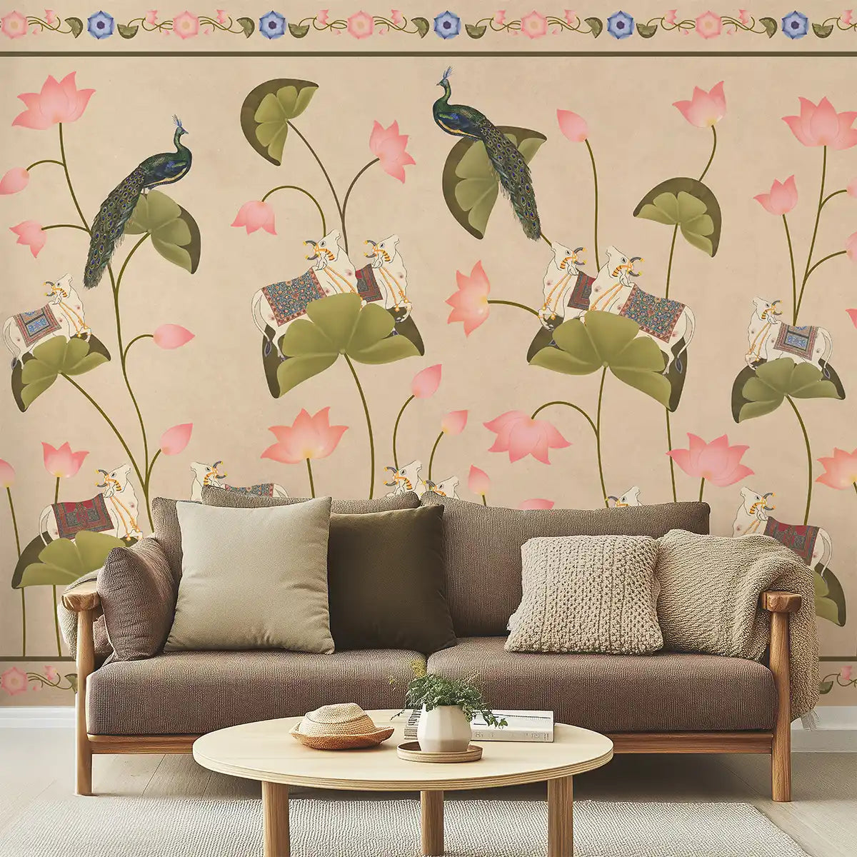 Pichwai Floral Cow Painting Inspired Beige Wallpaper for Walls