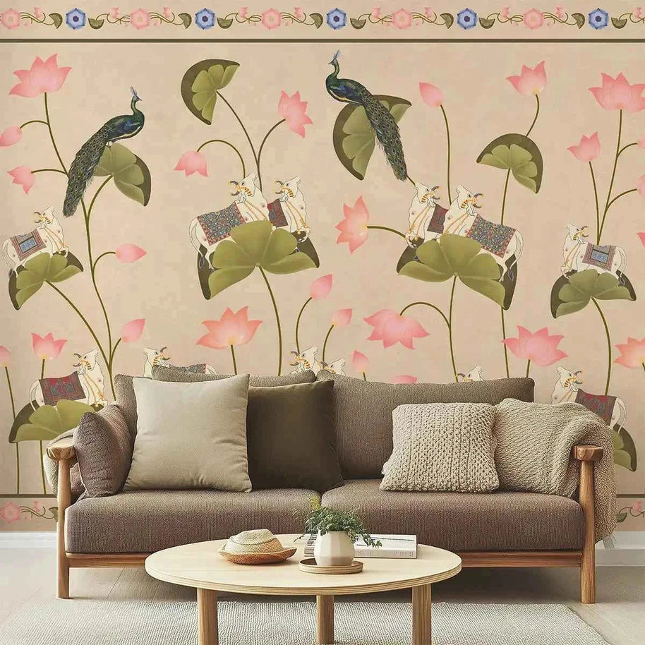 Pichwai Floral Cow Painting Inspired Beige Wallpaper for Walls