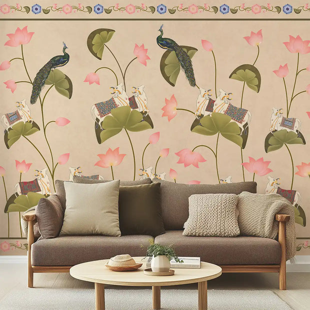 Pichwai Floral Cow Painting Inspired Beige Wallpaper for Walls