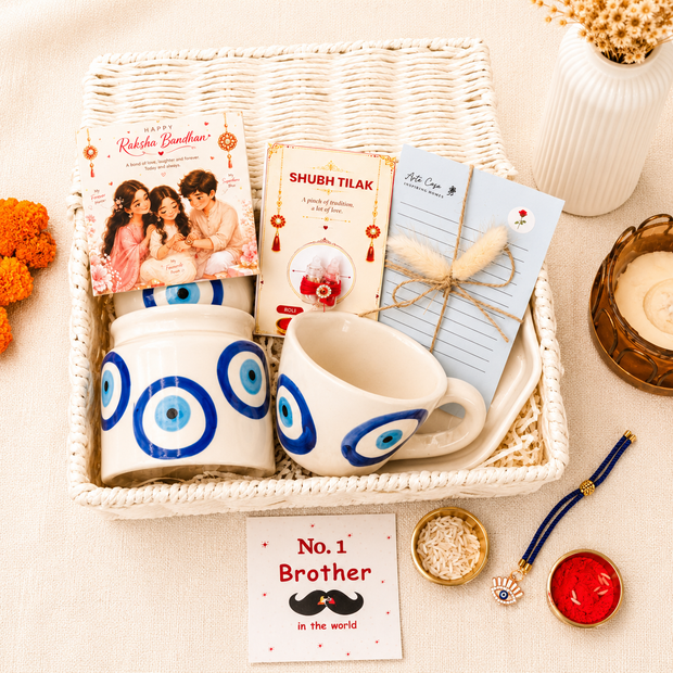Blue Protection Rakhi Hamper | Evil Eye Rakhi Gift Basket for Brother & Bhabhi - https://artecasa.in/
