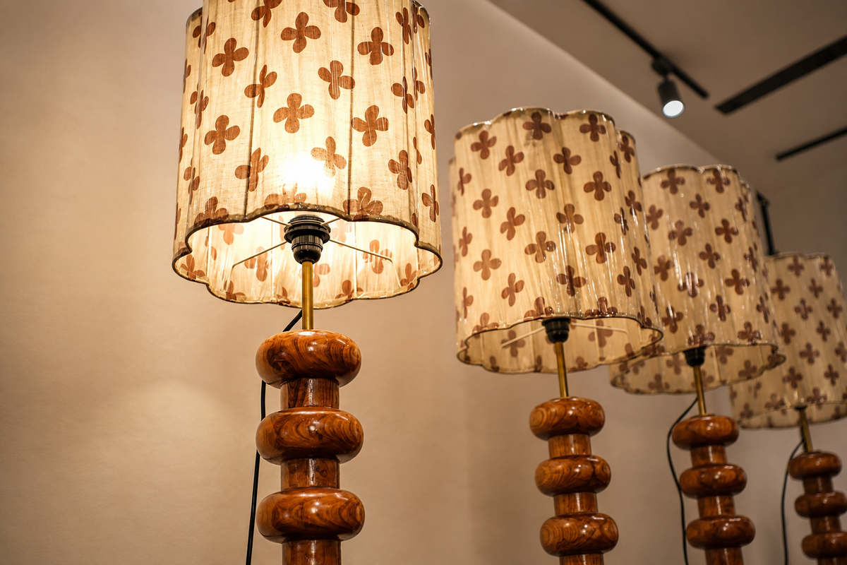 Set of lamps with wooden bases and patterned lampshades on a neutral background
