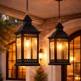 Two hanging outdoor lanterns with warm glow in front of a building entrance.