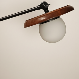 Wall-mounted lamp with wooden shade and white bulb on a beige background