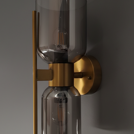 Wall-mounted light fixture with smoked glass shades and gold accents on a gray background