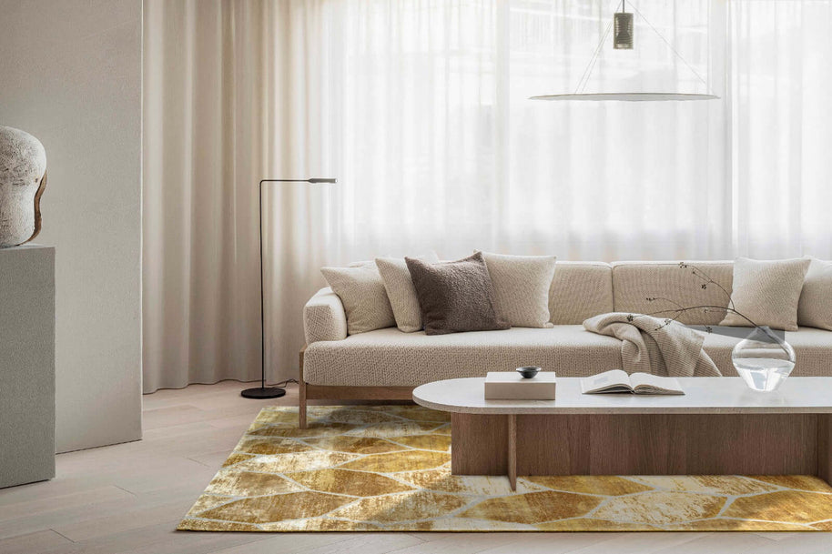 F O N T A N A luxury handmade rug by Cherom, modern design in New Zealand wool and viscose, rich yellow tones.