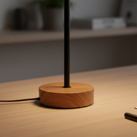 Wooden desk lamp on a wooden surface with a blurred background