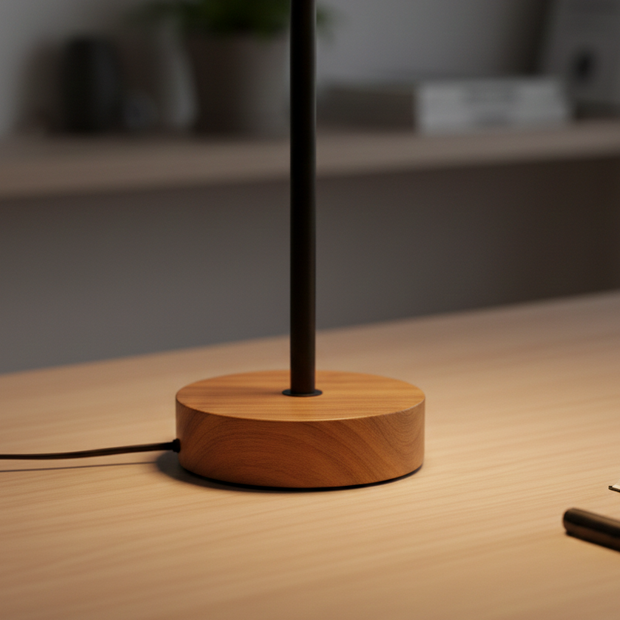 Wooden desk lamp on a wooden surface with a blurred background