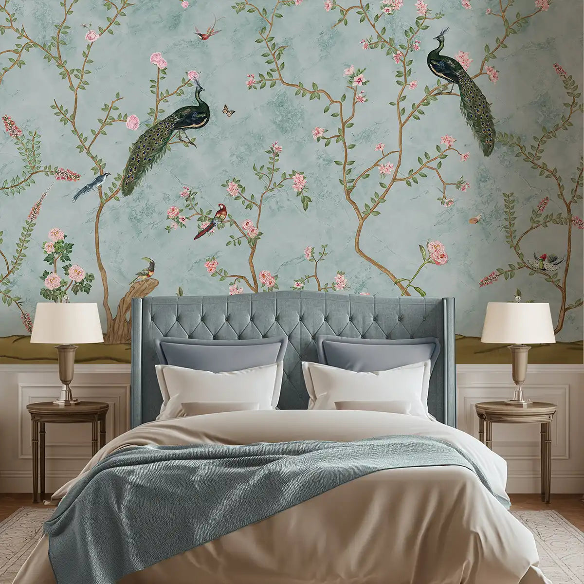 Bagiya, Peacock Chinoiserie Wallpaper in Indian Style, Light Blue, Customised