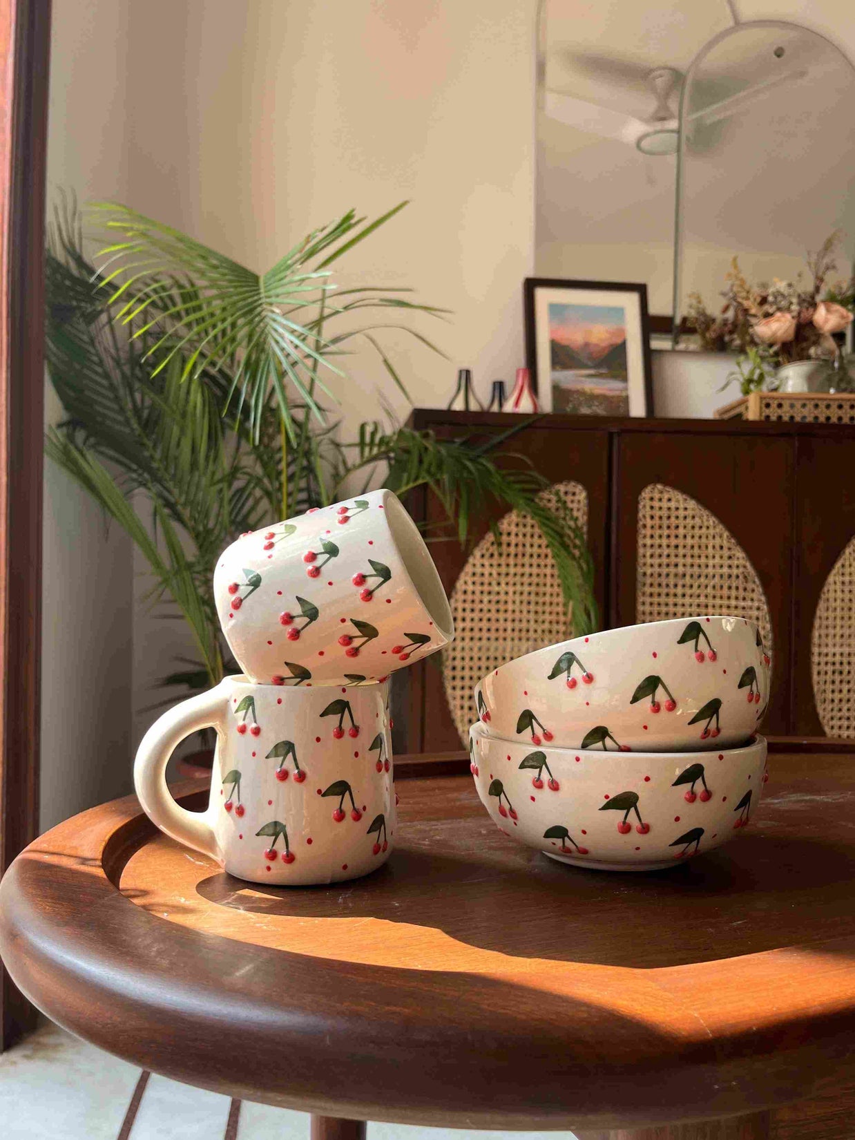 Berry Berry Mug and Bowl Set featuring two ceramic mugs and two matching ceramic bowls.