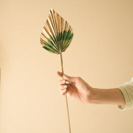 Boho style golden green dual tone palm leaves used as rustic decorative elements in modern interior space