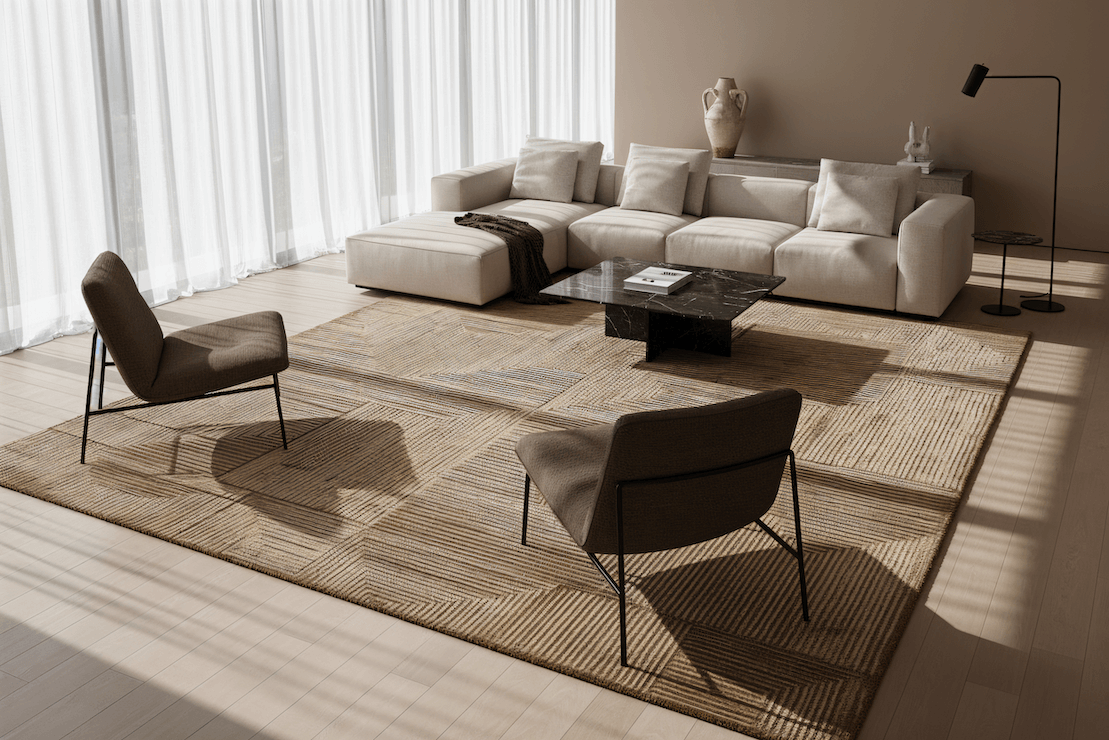 C O N T O U R - R E N A T A luxury handmade rug by Cherom, golden-beige, New Zealand wool, modern geometric design.