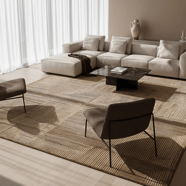 C O N T O U R - R E N A T A luxury handmade rug by Cherom, golden-beige, New Zealand wool, modern geometric design.