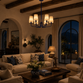 cozy living room with chandelier, couch and coffee table at night 