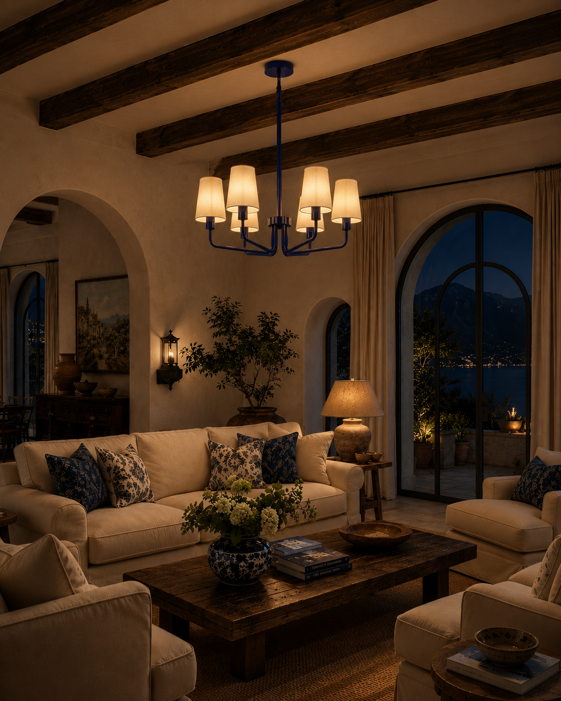 cozy living room with chandelier, couch and coffee table at night 