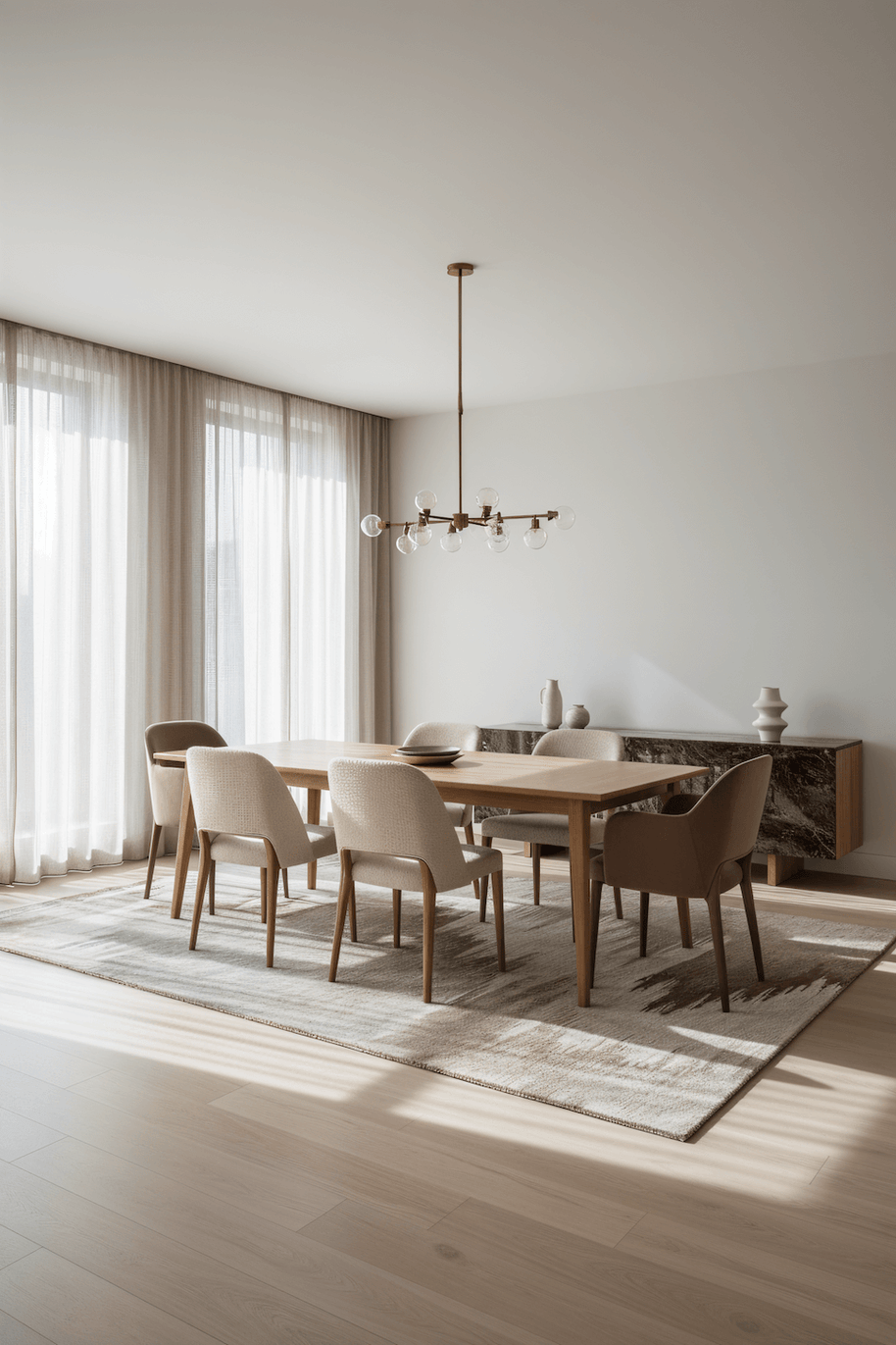 D U N E luxury modern rug by Cherom in a contemporary dining room with wooden furniture and soft lighting.