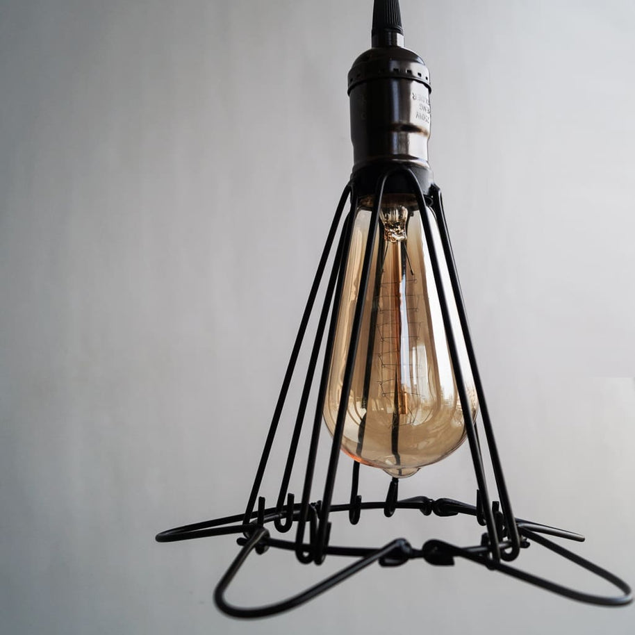 Edison Cage Pendant Industrial Light High Gloss Finish E27 Holder With Switch - The Black Steel